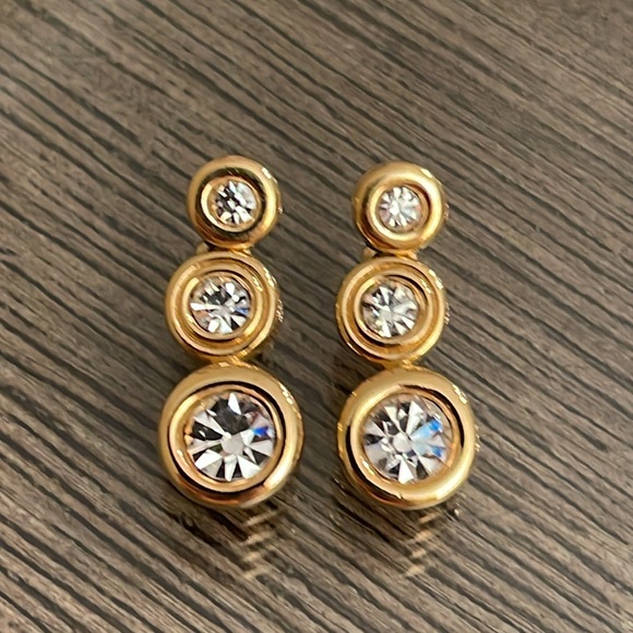 Vintage Swarovski Crystal Three Stone Drop Earrings, Gold-tone - Picture 2 of 16